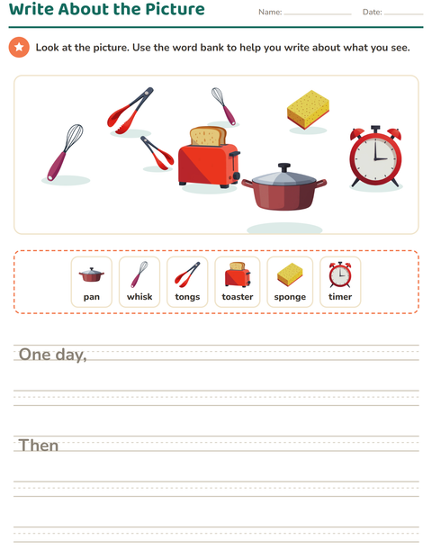 Preview of Picture Writing Prompts worksheet featuring Kitchen Tools for grade 2
