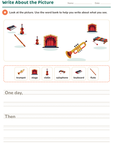 Preview of Picture Writing Prompts worksheet featuring Music for grade 2
