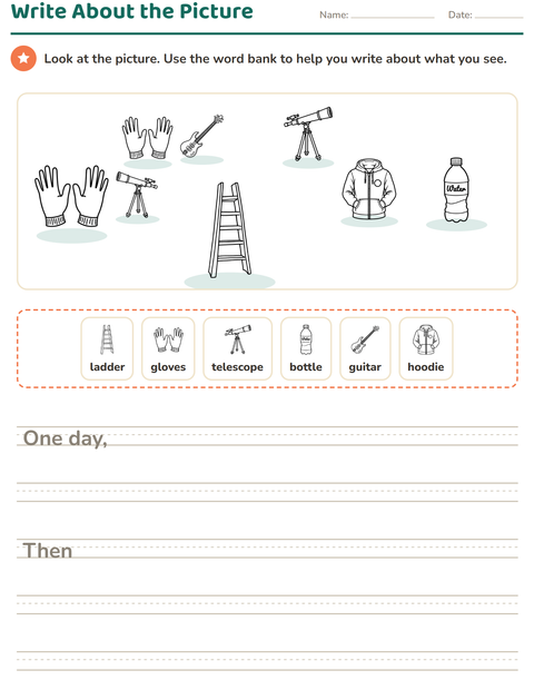 Preview of Picture Writing Prompts worksheet featuring Objects BW for grade 2