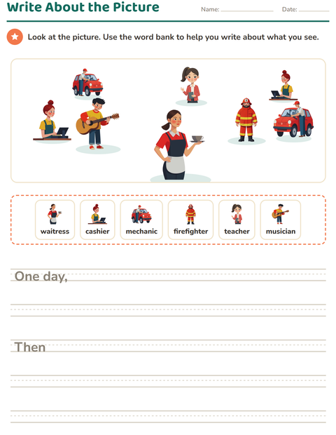 Preview of Picture Writing Prompts worksheet featuring Occupations for grade 2