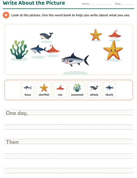 Preview of Picture Writing Prompts worksheet featuring Ocean Life for grade 2