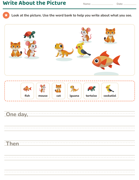 Preview of Picture Writing Prompts worksheet featuring Pets for grade 2