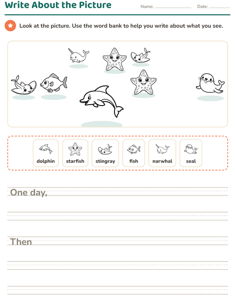 Preview of Picture Writing Prompts worksheet featuring Sea Life BW 2 for grade 2