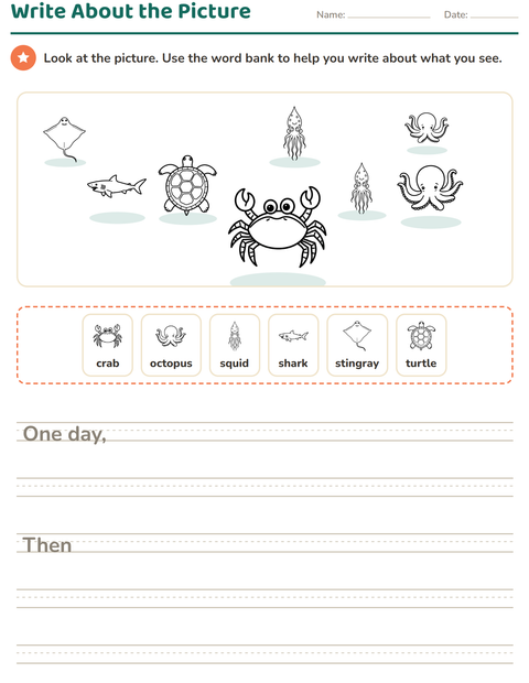 Preview of Picture Writing Prompts worksheet featuring Sea Life BW for grade 2