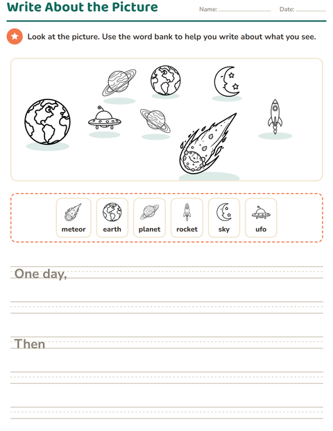 Preview of Picture Writing Prompts worksheet featuring Space BW for grade 2