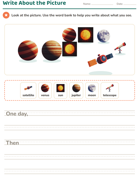 Preview of Picture Writing Prompts worksheet featuring Space for grade 2