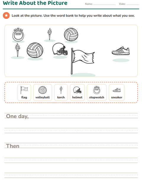 Preview of Picture Writing Prompts worksheet featuring Sports BW 2 for grade 2