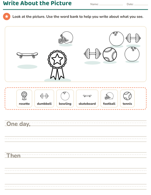 Preview of Picture Writing Prompts worksheet featuring Sports BW for grade 2