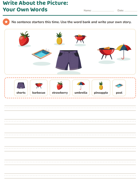 Preview of Picture Writing Prompts worksheet featuring Summer for grade 2