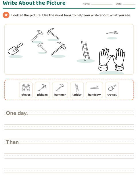 Preview of Picture Writing Prompts worksheet featuring Tools BW for grade 2