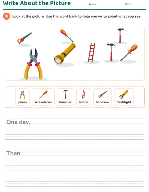 Preview of Picture Writing Prompts worksheet featuring Tools for grade 2