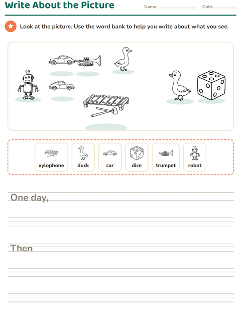 Preview of Picture Writing Prompts worksheet featuring Toys BW 2 for grade 2