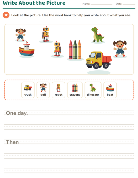 Preview of Picture Writing Prompts worksheet featuring Toys for grade 2