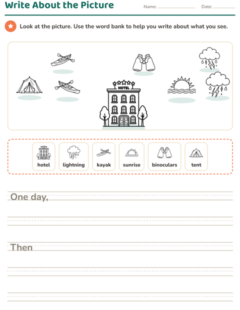 Preview of Picture Writing Prompts worksheet featuring Travel and Holiday BW for grade 2