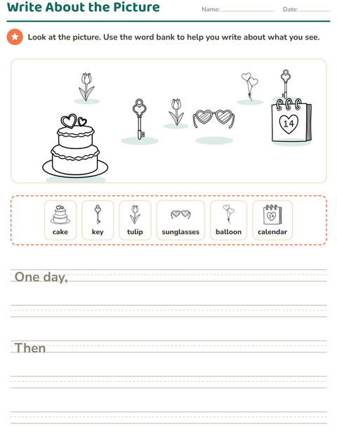 Preview of Picture Writing Prompts worksheet featuring Valentine BW 2 for grade 2