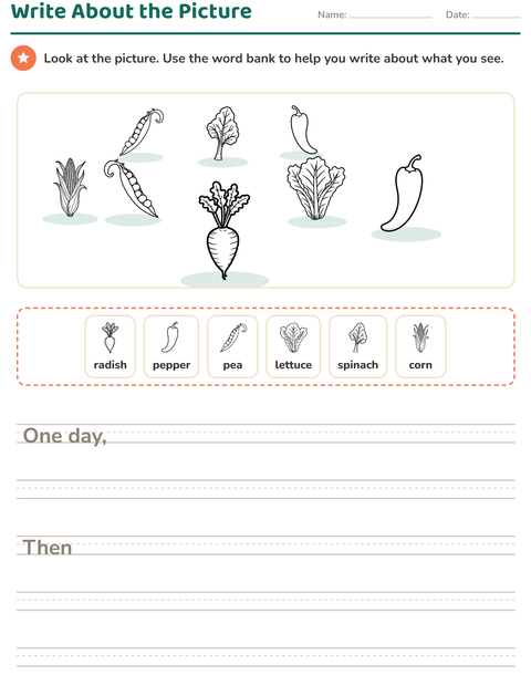 Preview of Picture Writing Prompts worksheet featuring Vegetables BW 2 for grade 2