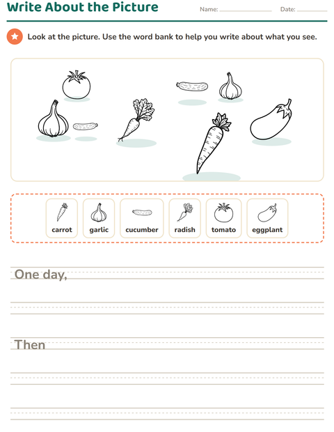 Preview of Picture Writing Prompts worksheet featuring Vegetables BW for grade 2
