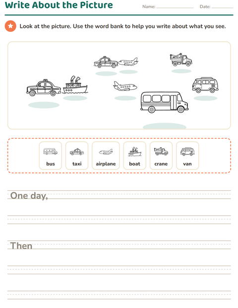 Preview of Picture Writing Prompts worksheet featuring Vehicles BW 2 for grade 2