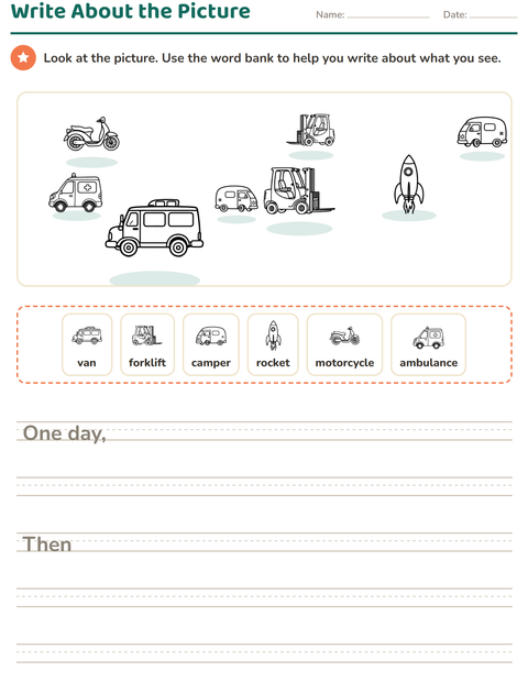 Preview of Picture Writing Prompts worksheet featuring Vehicles BW 3 for grade 2