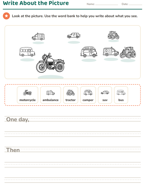 Preview of Picture Writing Prompts worksheet featuring Vehicles BW for grade 2