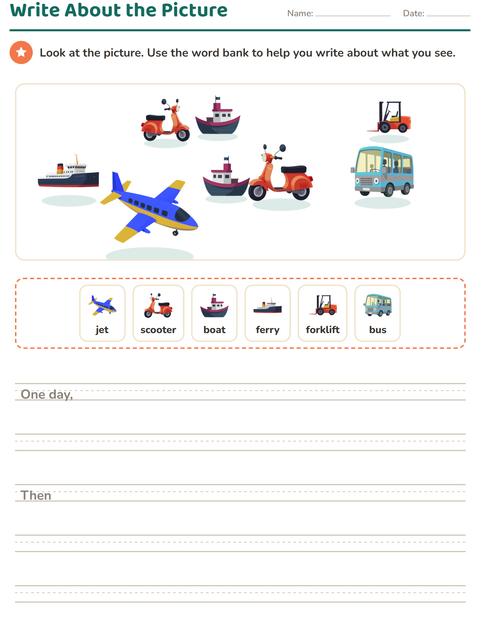 Preview of Picture Writing Prompts worksheet featuring Vehicles for grade 2