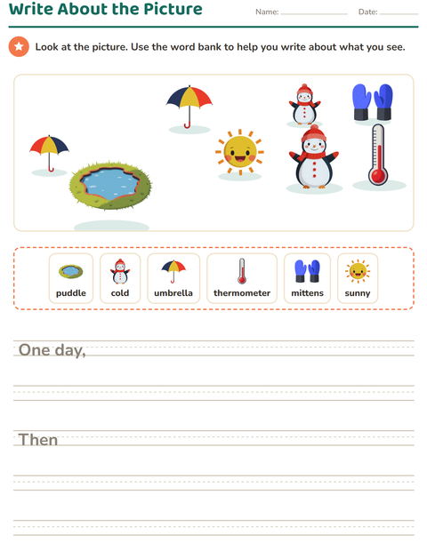Preview of Picture Writing Prompts worksheet featuring Weather for grade 2