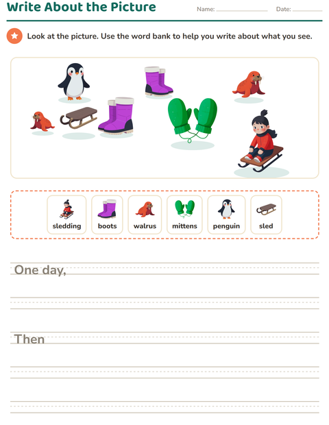 Preview of Picture Writing Prompts worksheet featuring Winter for grade 2