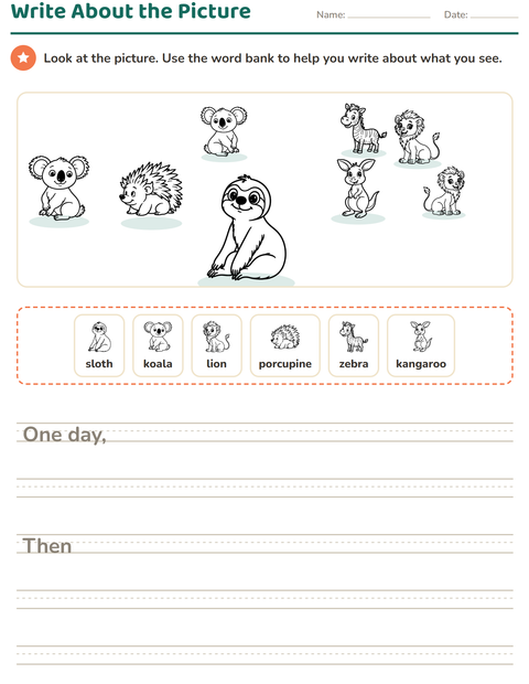 Preview of Picture Writing Prompts worksheet featuring Zoo Animals BW for grade 2