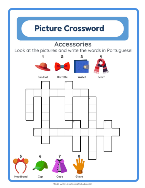 Preview of Learn Portuguese: Accessories – Picture Crossword for Kids