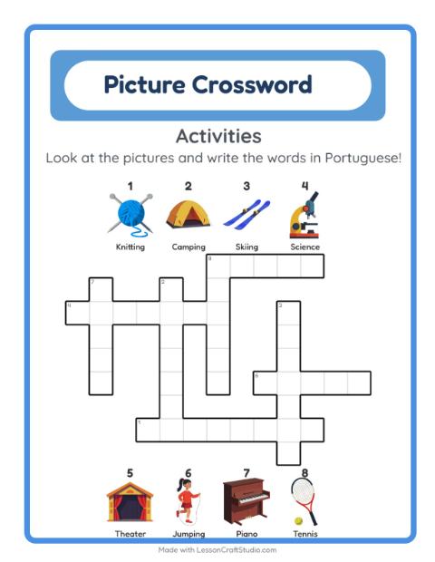 Preview of Learn Portuguese: Activities – Picture Crossword for Kids