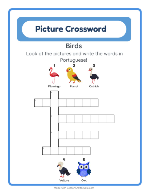 Preview of Learn Portuguese: Birds – Picture Crossword for Kids