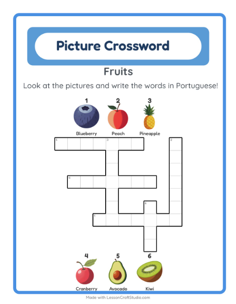 Preview of Learn Portuguese: Fruits – Picture Crossword for Kids