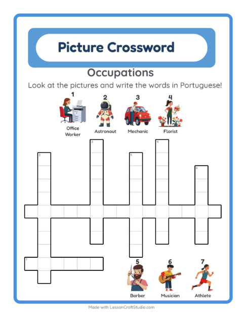 Preview of Learn Portuguese: Community Helpers – Picture Crossword for Kids
