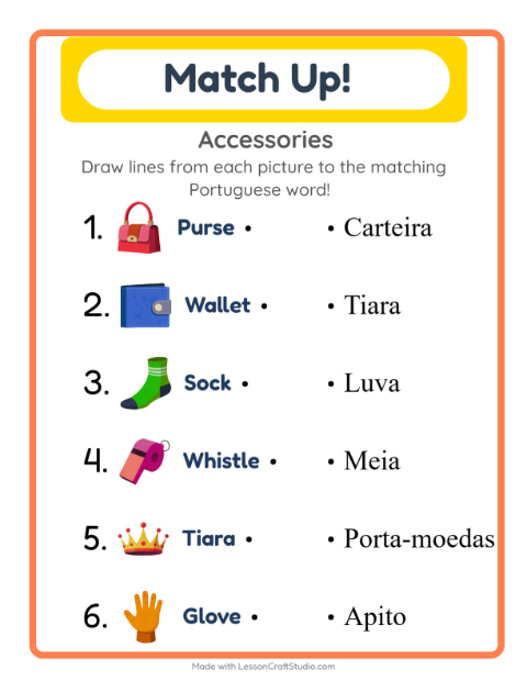 Preview of Learn Portuguese: Accessories – Picture-Word Match for Kids