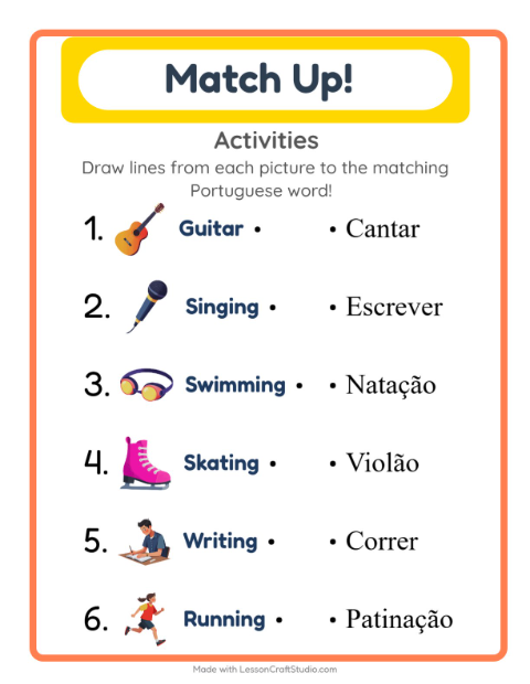 Preview of Learn Portuguese: Activities – Picture-Word Match for Kids
