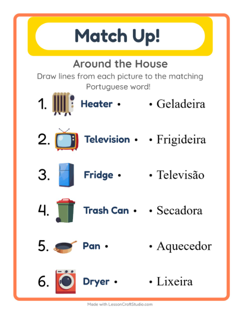 Preview of Learn Portuguese: Household Things – Picture-Word Match for Kids