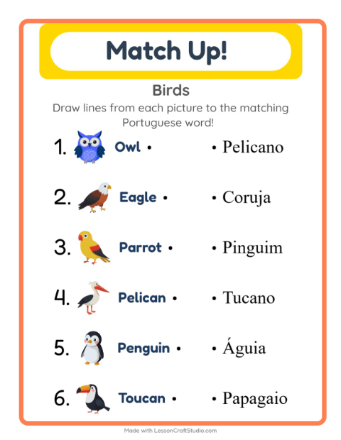 Preview of Learn Portuguese: Birds – Picture-Word Match for Kids