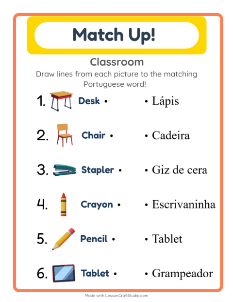 Picture-word match – Classroom Objects
