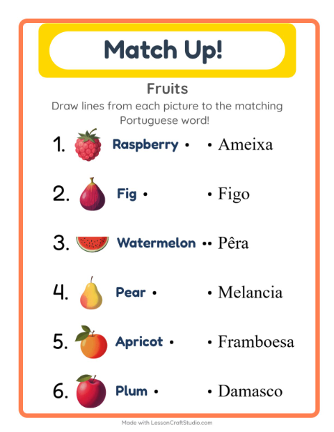 Preview of Learn Portuguese: Fruits – Picture-Word Match for Kids
