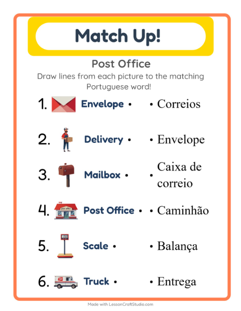 Preview of Learn Portuguese: Post Office – Picture-Word Match for Kids