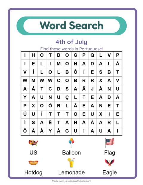 Preview of Learn Portuguese: Fourth of July Things – Word Search for Kids