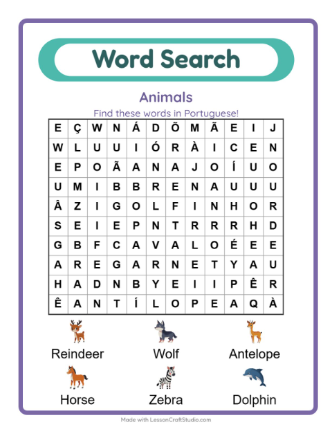 Preview of Learn Portuguese: Animals – Word Search for Kids