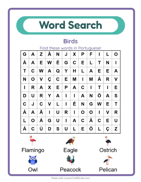 Preview of Learn Portuguese: Birds – Word Search for Kids