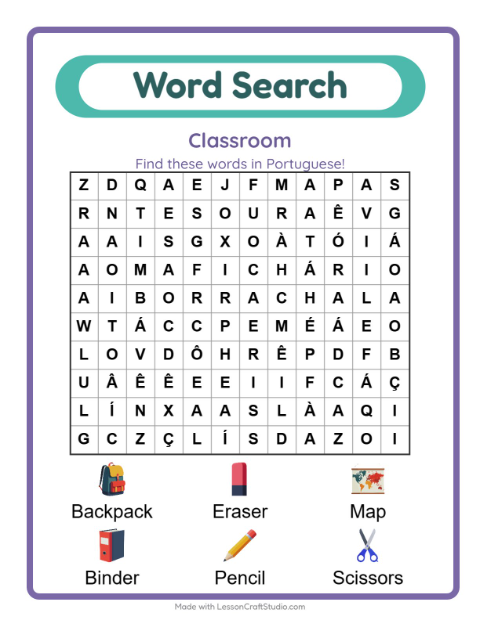 Picture word search – Classroom Objects