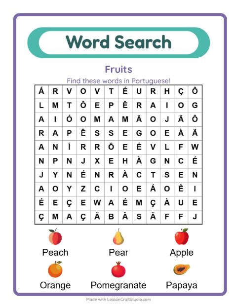 Preview of Learn Portuguese: Fruits – Word Search for Kids