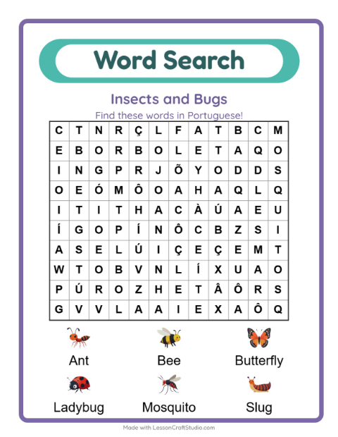 Picture word search – Insects and Bugs