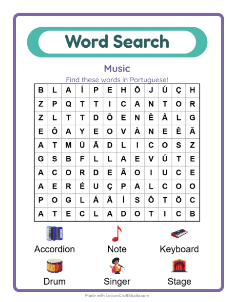 Picture word search – Musical Instruments