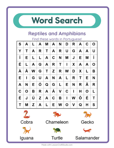 Picture word search – Reptiles and Amphibians