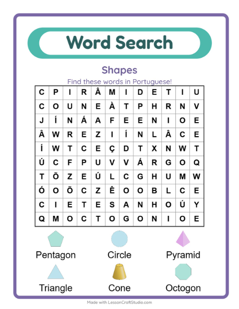 Preview of Learn Portuguese: Shapes – Word Search for Kids