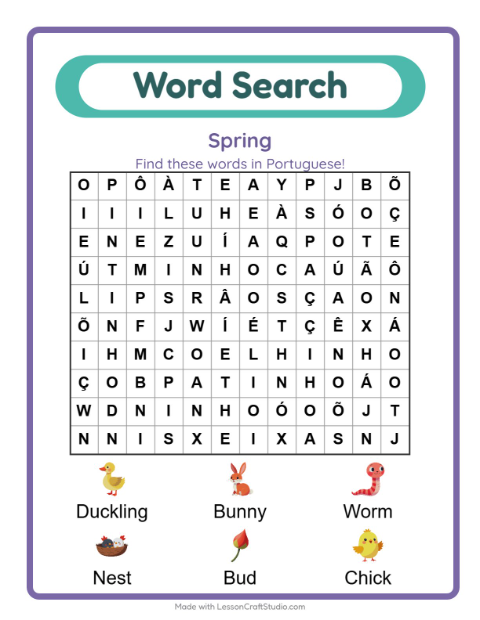 Preview of Learn Portuguese: Spring – Word Search for Kids